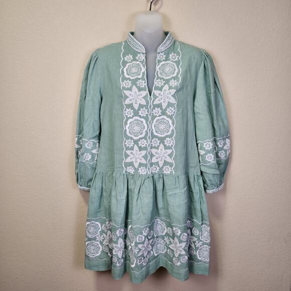 ASHA Ashley McCormick Minnie Dress Linen Sage White Floral Embroidered Tunic S - Picture 1 of 16